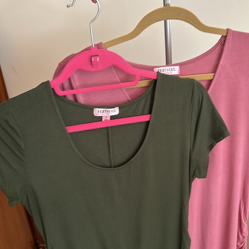Feathers Maternity Dresses knit comfy set of 2 military green and mauve EUC